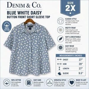 Denim & Co Womens 2X Blue Gingham Daisy Floral Cotton Button Down Shirt Top